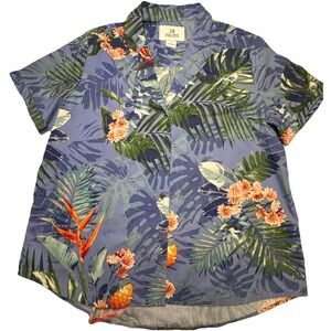28 Palms Womens Tropical Floral Palm Leaf Button Down Camp Shirt Blue Medium